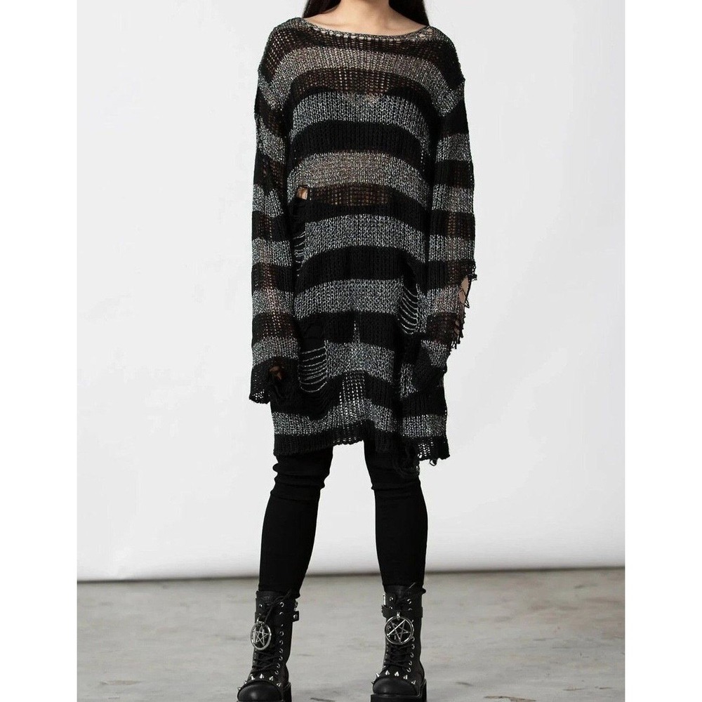 Killstar Abyss knit swater metallic gray silver black striped size medium